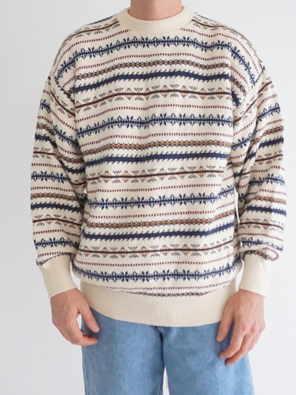 Vintage Van Heusen 417 Cream Fair Isle Nordic Geometric Cotton Knit Sweater L